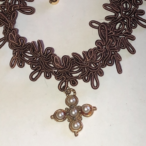 Jewelry - Brown Lace Choker Necklace with Faux Pearl Cross Pendant